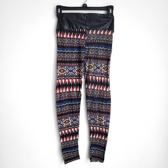 NWT Geometric Aztec Ethnic Boho Print Faux Leather Waist Multicolor Leggings - Picture 6 of 7